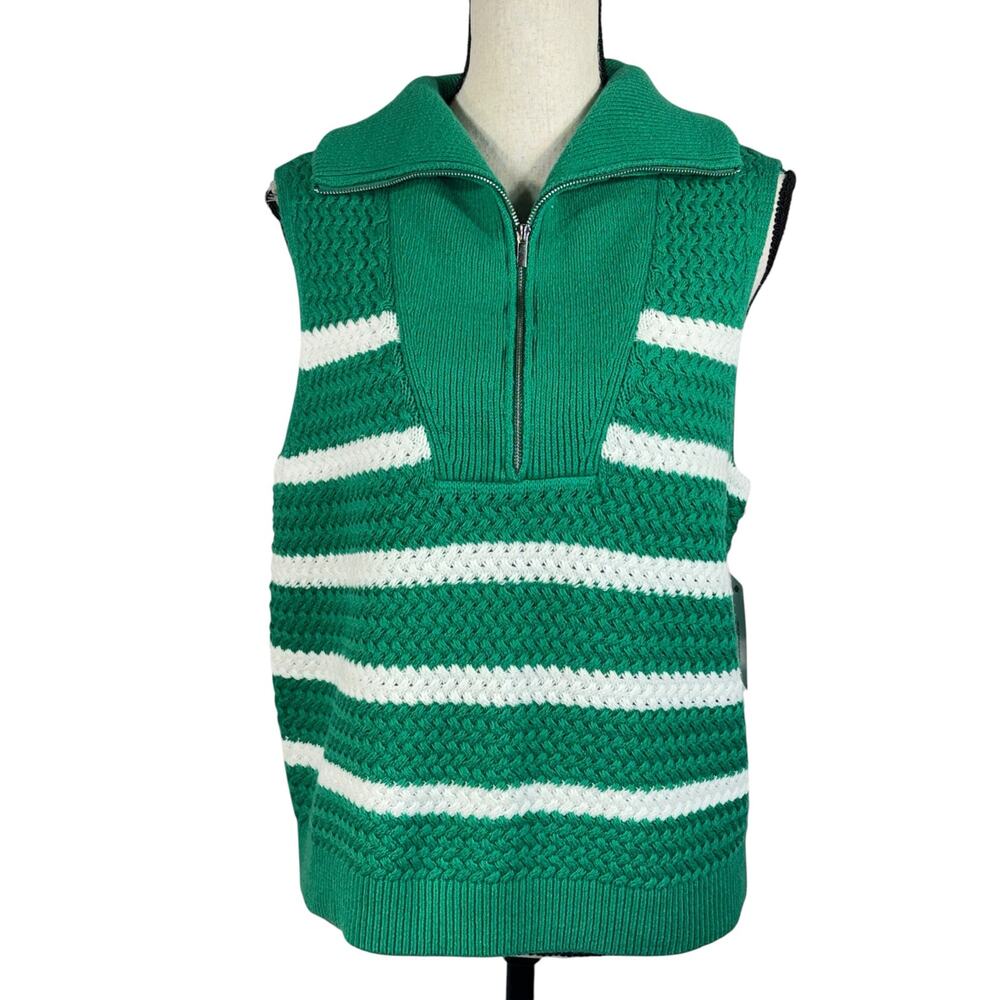 Sonoma Large Sweater Vest Pullover Sleeveless Striped Half-Zip Collared Green